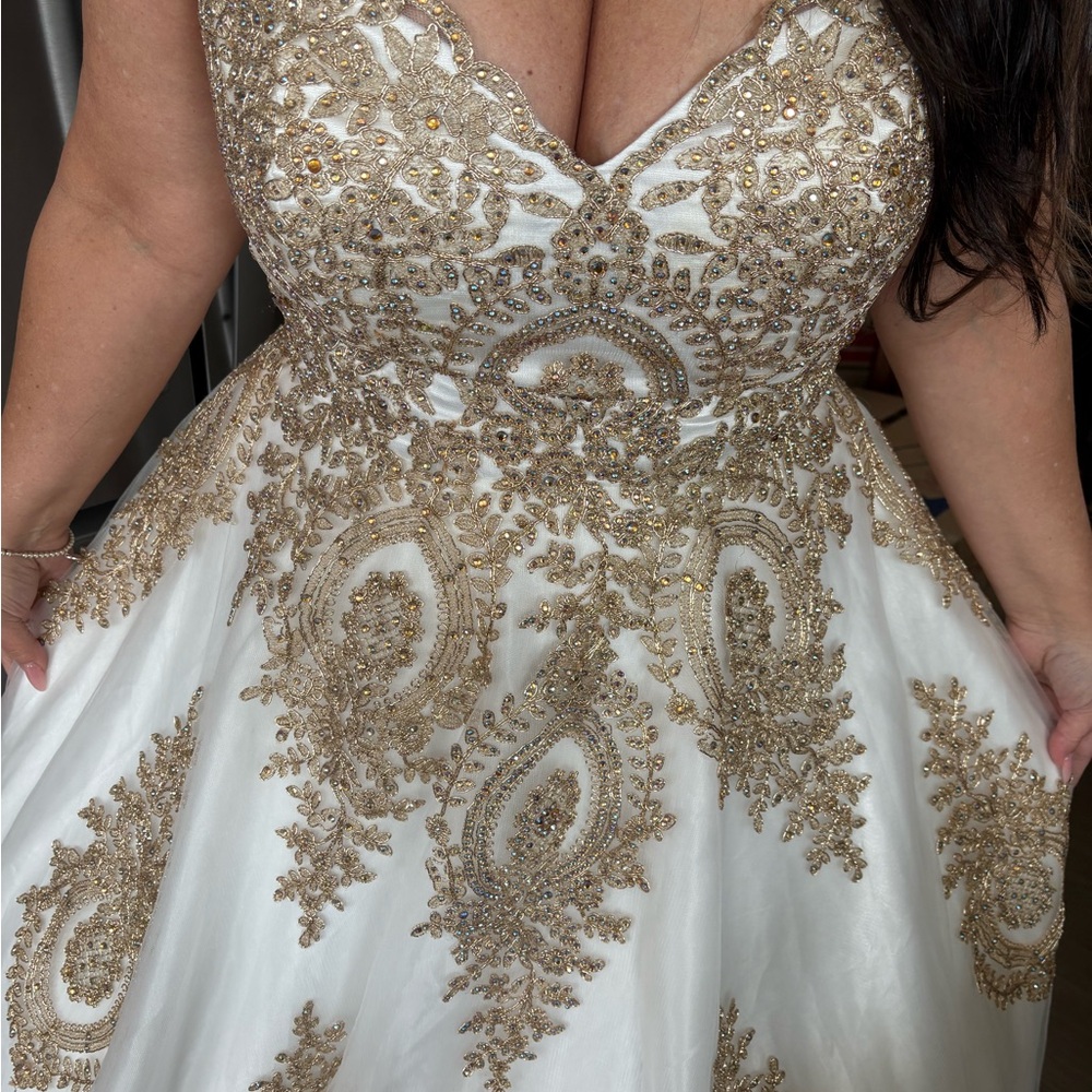 Chic Gold and White Embellished Prom Dress